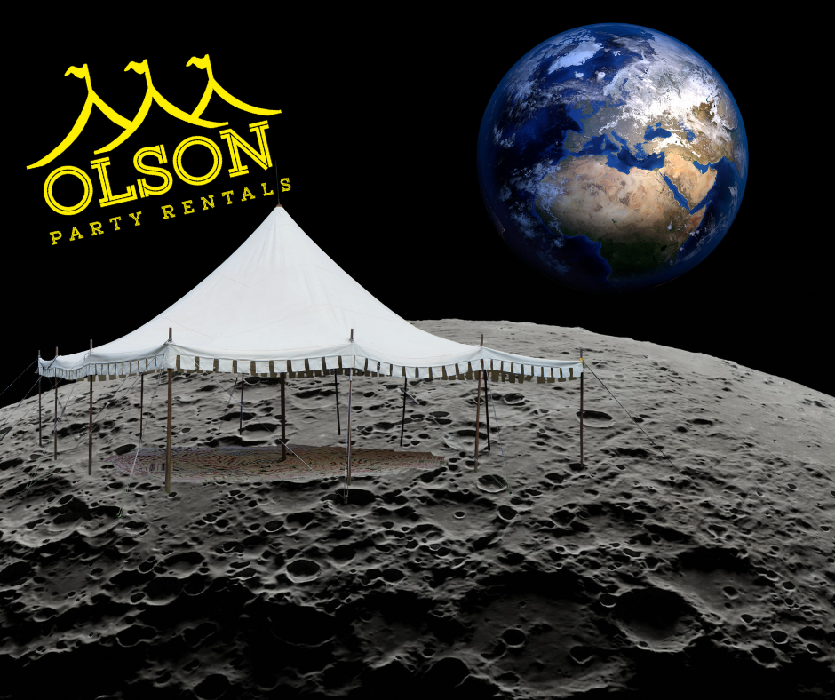 Party tent set up on the moon's surface with Earth in the distant background, symbolizing an out-of-this-world event experience with us.